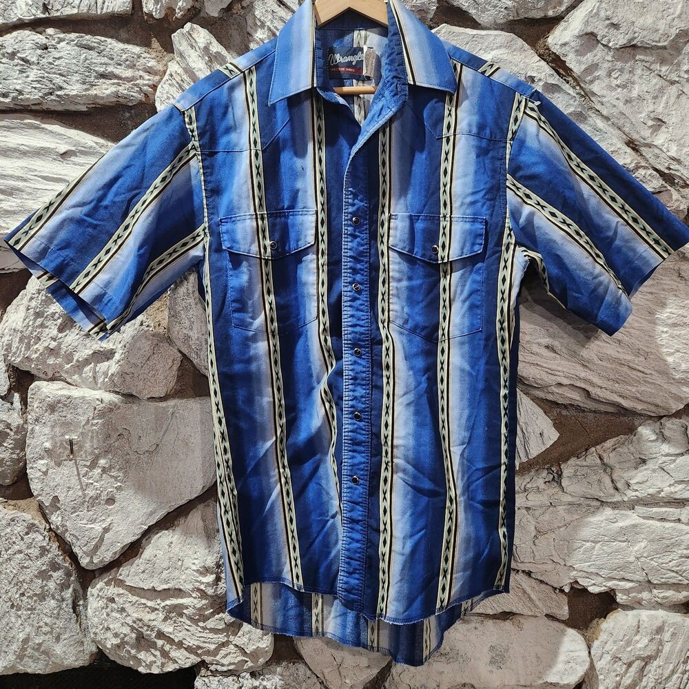 Wrangler Western Aztec Pearl Snap Shirt Blue Button Up Short Sleeve Men S